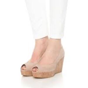 Stuart Weitzman; Anna Peep Toe Platform Wedge, Beige Suede, 8.5  $445 Retail